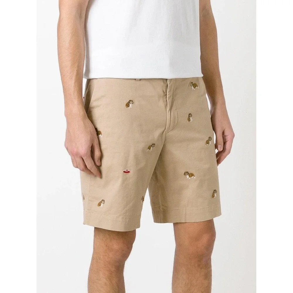 Polo Ralph Lauren Mens 34 Bulldog Embroidered Khaki Stretch Classic Fit Shorts